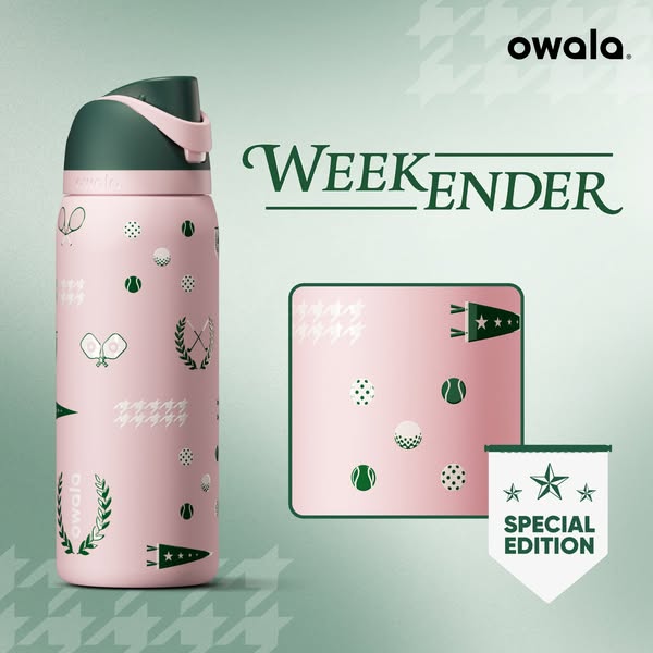 This ad showcases the Owala water bottle and a new design. The bottle features different sport icons. The text in the ad