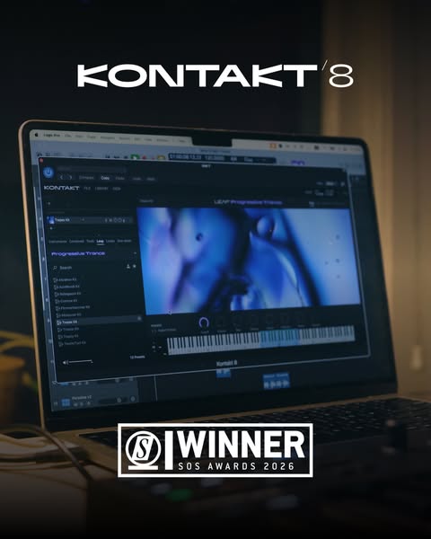 This ad showcases Kontakt 8, a software for audio creation, running on a laptop. The ad includes a winner badge to denot
