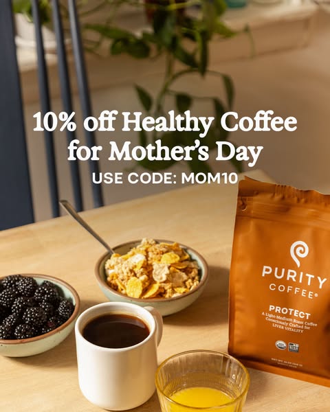 This image ad promotes Purity Coffee for Mother's Day. The ad features a discount offer and uses a lifestyle image t