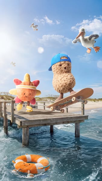 This whimsical ad features animated characters in a beach scene with bright skies and water to imply a sense of fun and 