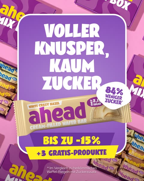 This ad promotes ahead brand's cream-filled wafer bars, highlighting their delicious taste and lower sugar content. 