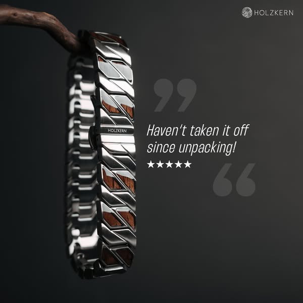 This ad features a close-up of a HOLZKERN watch bracelet, highlighting its design and materials. A customer testimonial 