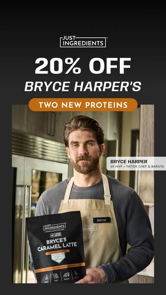 This image ad promotes Just Ingredients' Bryce's Caramel Latte protein powder with 20% off. It features Bryce Ha