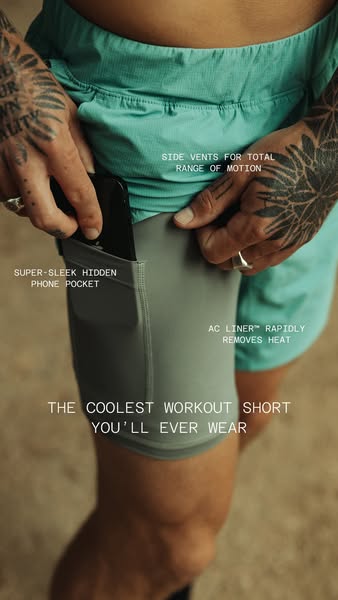 This ad showcases workout shorts with a focus on their features, such as a hidden phone pocket, side vents for range of 