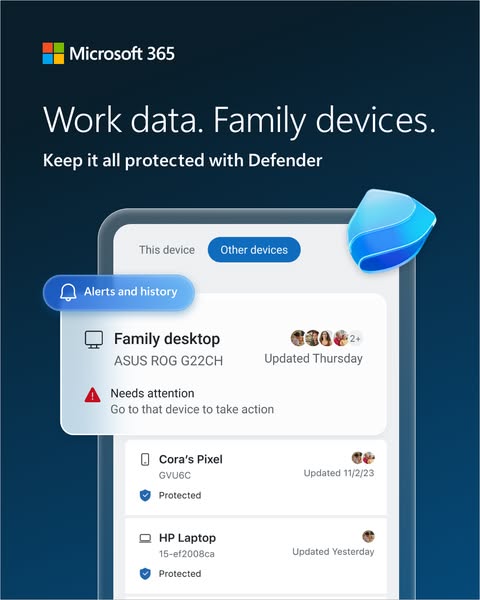 The ad promotes Microsoft 365 Defender, emphasizing its ability to protect work data and family devices. The creative fe