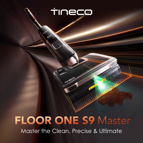 This image ad showcases the Tineco FLOOR ONE S9 Master cordless wet dry vacuum cleaner in action. The vacuum is depicted
