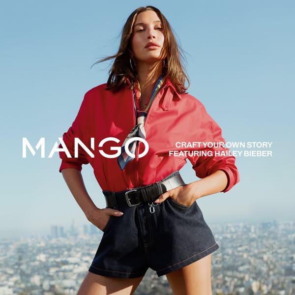 The ad features Hailey Bieber in an everyday setting, wearing Mango apparel. The ad's objective is to inspire custom