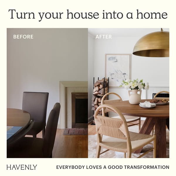 This ad uses a before and after format to showcase how Havenly can transform a house into a home. The ad features a spli