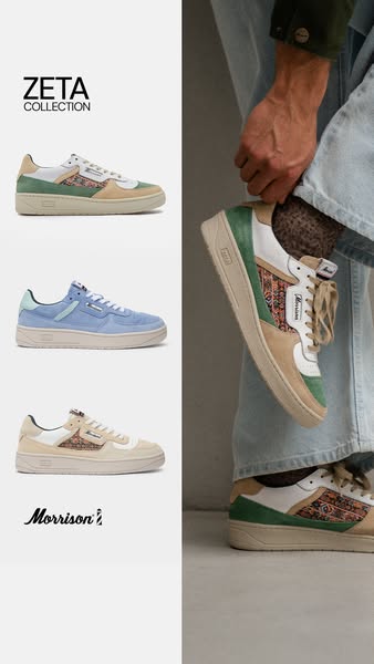 Ad showcasing the Zeta Collection of shoes by Morrison. The ad shows the shoes in three different color patterns and a p