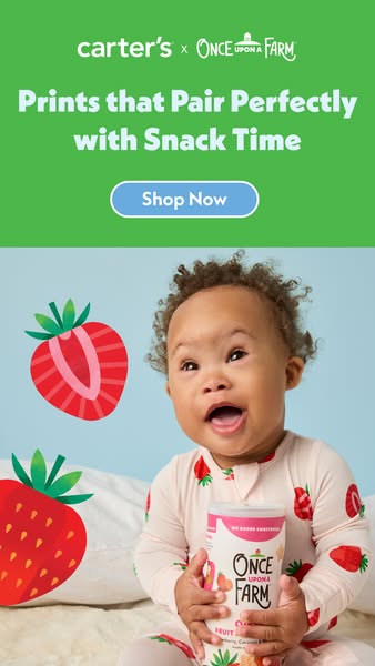 This ad showcases a collaboration between Carter's and Once Upon a Farm, highlighting matching strawberry prints for