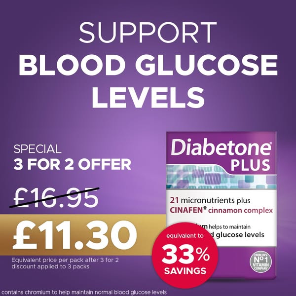 This ad for Diabetone Plus highlights the product's ability to support blood glucose levels. The ad features a 3 for