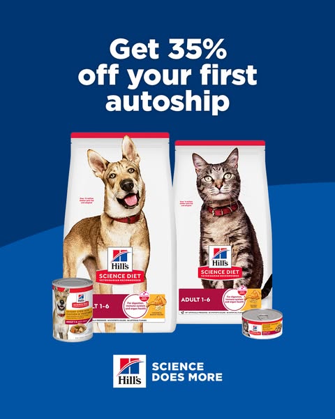 This ad promotes Hill's Science Diet pet food, offering a discount on the first autoship order. It features both dog