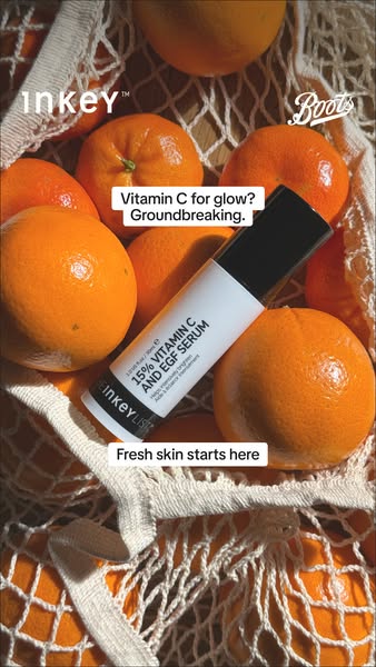 This image ad is for The Inkey List 15% Vitamin C and EGF Serum. The ad displays the product nestled amongst oranges in 