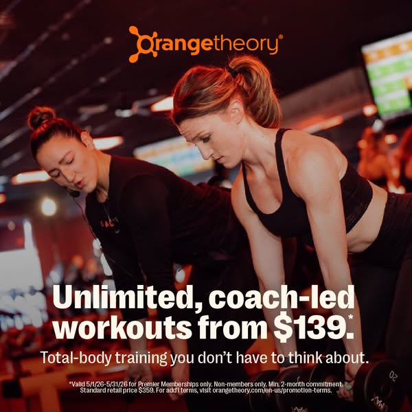 This ad promotes Orangetheory Fitness with a special offer for new Premier Memberships. It features a dynamic image of t