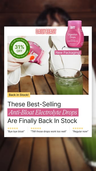 This image ad by Daily Beast promotes Buoy's Digestion Drops as a solution for bloating. The ad highlights the produ
