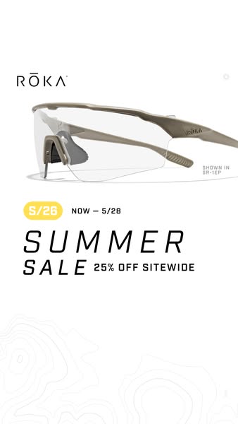 This ad promotes a summer sale from ROKA eyewear, offering 25% off sitewide, from May 26th to May 28th. The ad features 