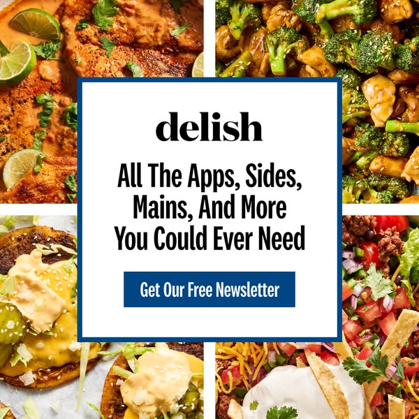 This ad for Delish is designed to promote their newsletter and features various food dishes such as steak, tacos and sti