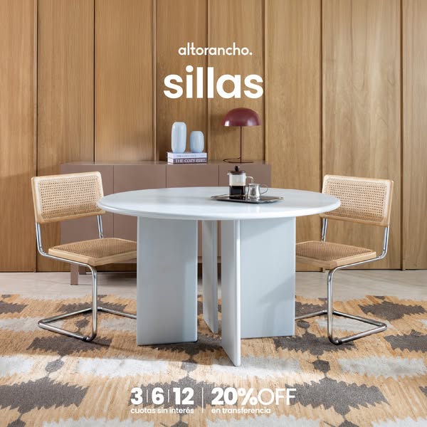 This ad features a lifestyle shot showcasing chairs by Altorancho. The ad presents an offer for 20% off via transfer, an