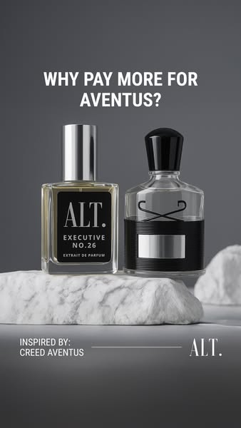 This ad is comparing ALT. Executive No. 26 to Creed Aventus perfume, and asking why customers should pay more for Creed 