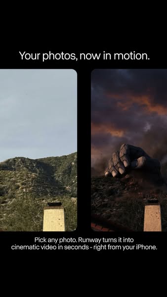 This image ad showcases the Runway app's ability to transform static photos into cinematic videos, emphasizing ease 