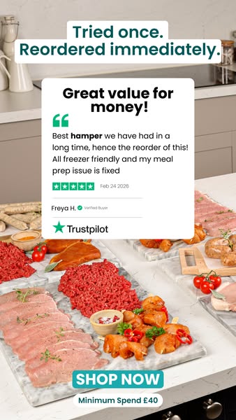 This image ad features a customer testimonial about a meat hamper, emphasizing its quality and freezer-friendly convenie