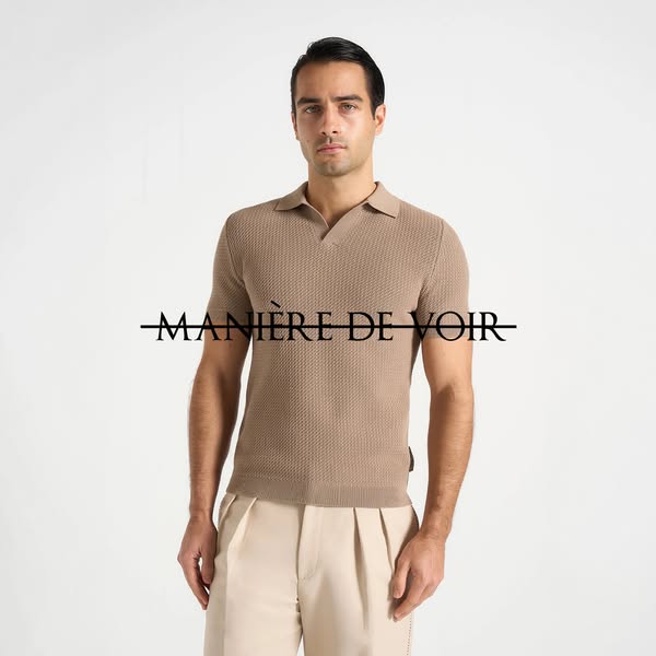 This ad features a well-lit studio shot of a model wearing a knitted polo shirt from Manière De Voir. The brand's na
