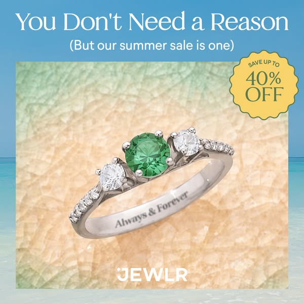 Image ad for JEWLR, promoting a summer sale of up to 40% off. The ad features a three-stone ring with a green center sto