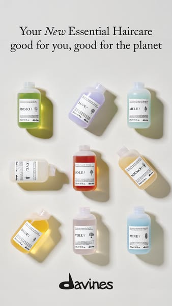 Image ad featuring Davines haircare products, emphasizing sustainability and hair health.