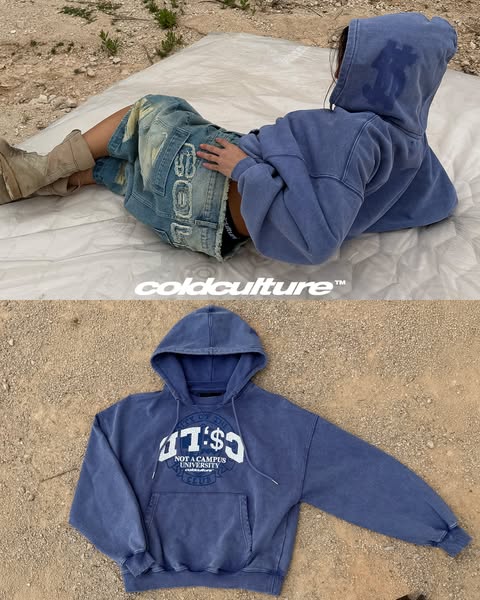This image ad features two different shots of a blue hooded sweatshirt. The top shot shows a person lying on a white sur