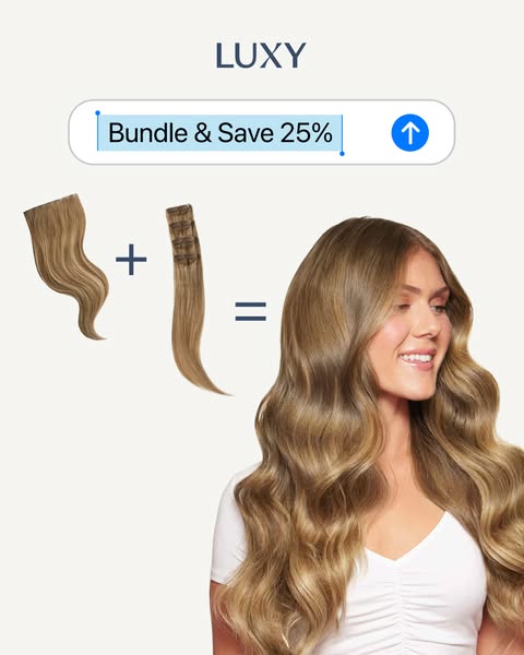 This image ad for Luxy hair extensions uses a simplistic visual equation to convey how adding Luxy hair extension bundle