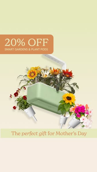This ad promotes smart gardens and plant pods with a discount. The image showcases the product filled with plants and fl