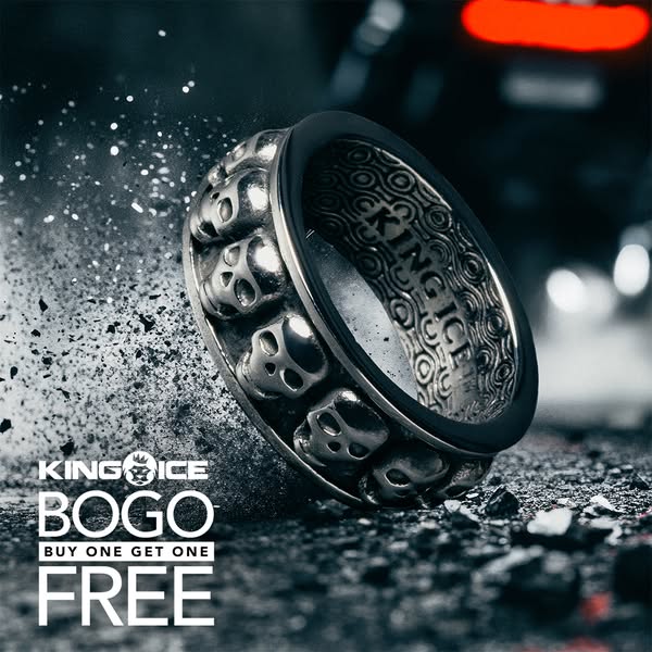 This image ad promotes King Ice brand jewelry, specifically a skull-themed ring, with a BOGO offer. The ring is highligh