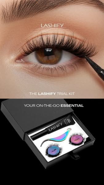 This ad is for the Lashify Trial Kit, and it shows an eye with lash extensions and then shows the kit.