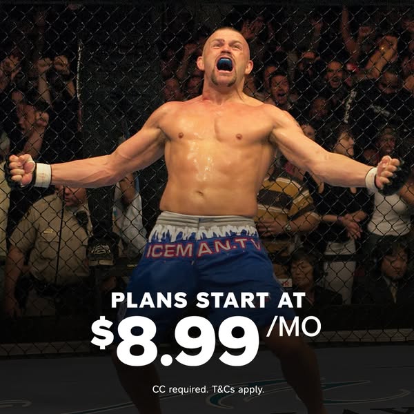 Ad for a streaming service that presents a fighter and the cost of the subscription.