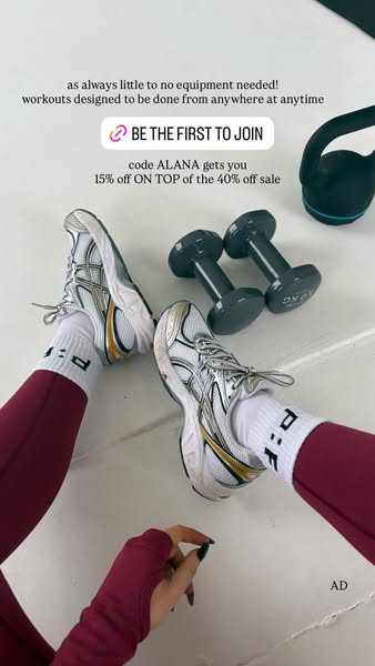 This ad shows a woman's legs in athletic gear with gym equipment in the background. The ad features a discount code 