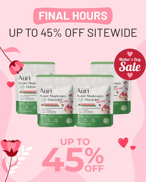 This image ad promotes Auri Super Mushroom Daily Gummies for Kids, highlighting a Mother's Day sale with a discount 