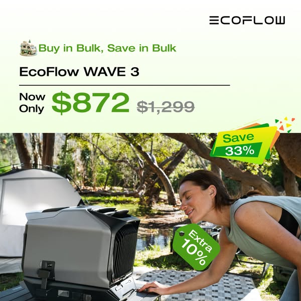 This image ad showcases the EcoFlow WAVE 3 portable air conditioner in an outdoor setting, emphasizing its portability a