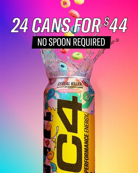 This ad promotes C4 Energy's Cereal Killer flavor energy drink, highlighting a special offer of 24 cans for $44 and 