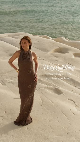 An ad for PrettyLittleThing clothing features a model wearing a brown dress on a beach with the offer for 30% off.