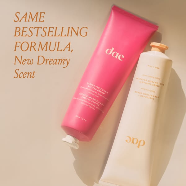 This ad features two different tubes of Dae Cactus Fruit 3-in-1 Styling Cream. The ad highlights that the new tube of st