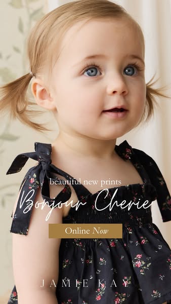 This image ad for Jamie Kay features a young child wearing a floral print dress. The ad highlights the brand's new p