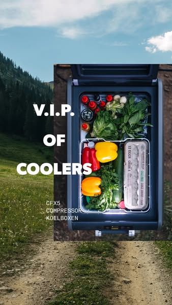 This ad showcases a portable cooler filled with produce, positioning it as a premium product for outdoor adventures.