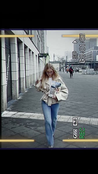 A woman walks down the street and looks at a magazine she is carrying. The camera is styled as if it is being recorded o