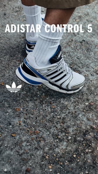 This ad showcases the Adidas Adistar Control 5 sneakers with a focus on the design and style. It appears to be targeted 