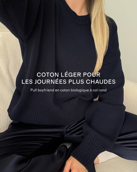 This ad promotes a lightweight cotton boyfriend sweater for warmer days. The image features a person wearing the sweater
