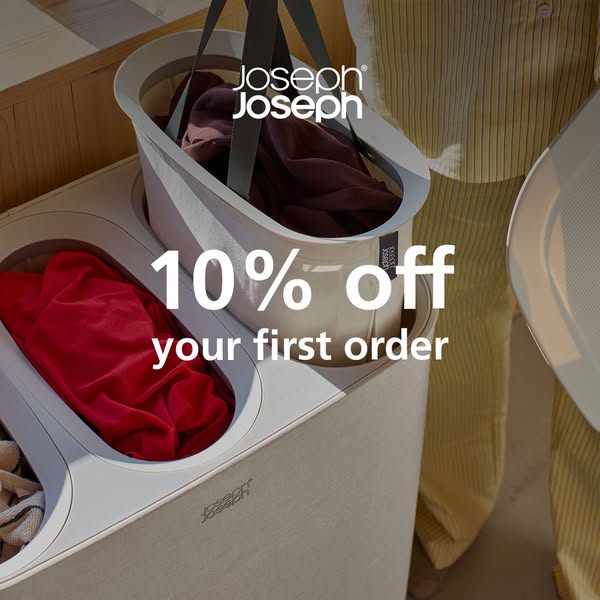 An image ad for Joseph Joseph brand laundry separation hampers. The offer is 10% off the customer's first order.
