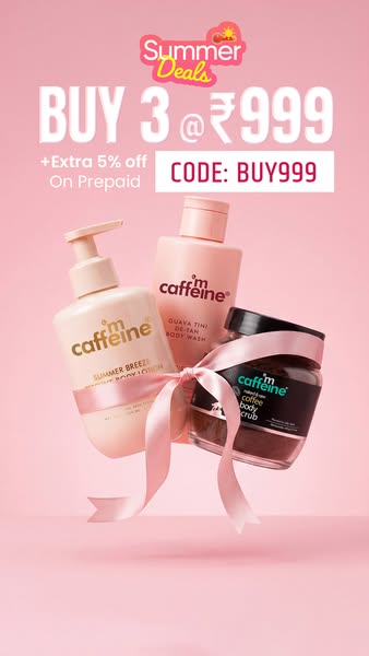 The ad showcases mCaffeine products with a summer promotional deal, offering a discount when purchasing three items.