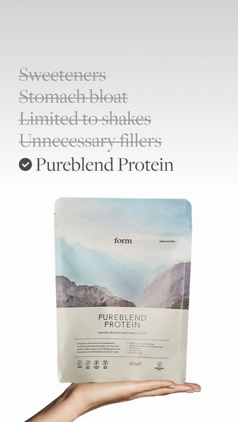 This ad highlights the features and benefits of Pureblend Protein, a plant-based protein by Form, and calls out a list o