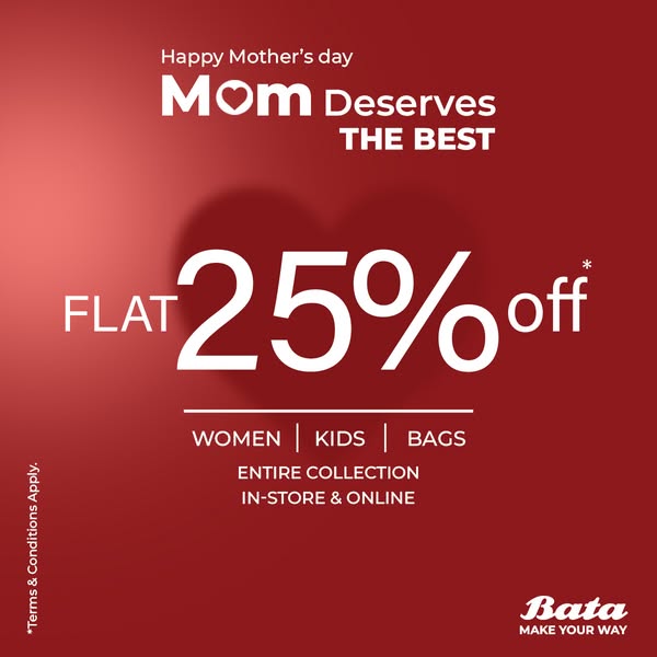 This image ad from Bata promotes a flat 25% off discount on women's, kids', and bags in their entire collection 