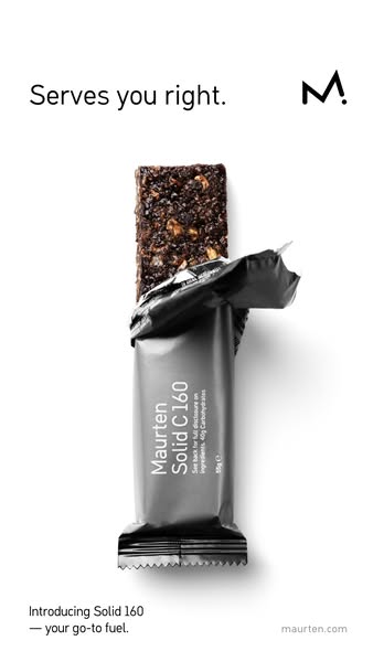 This image ad displays the Maurten Solid C 160 energy bar. The ad highlights the bar's convenience as a go-to fuel s